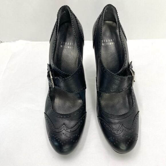 Stuart Weitzman Wing Tip Paltform Pump Black Leather Women 9 Vintage Style Heel - Picture 3 of 12